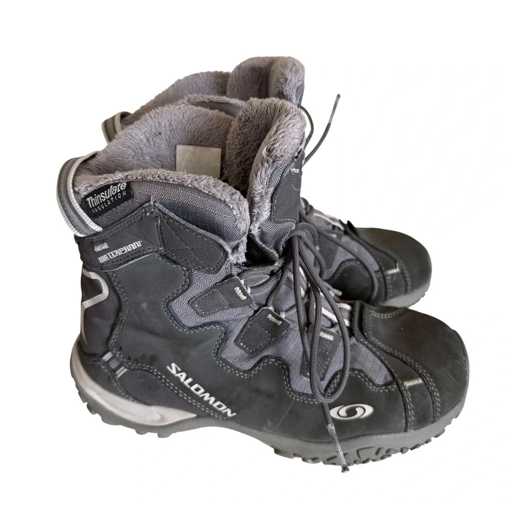 Salomon Winter Boots Women Size 6.5 Grey Waterproof Thinsulate Insulated Fur
